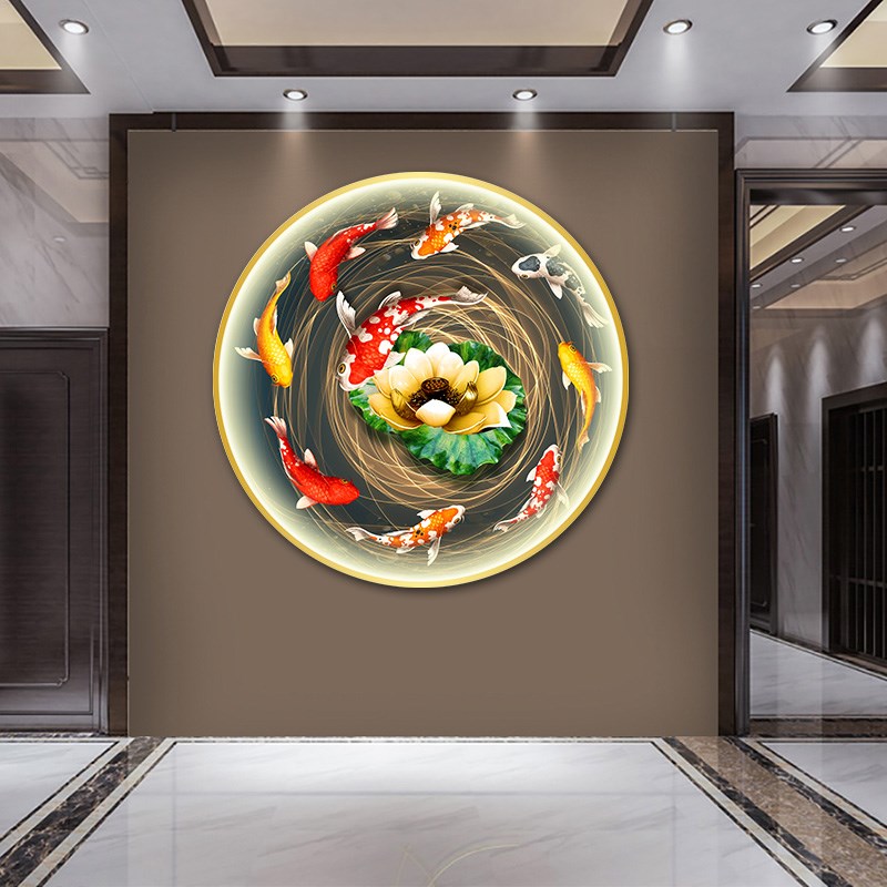 九鱼图招财挂画新中式圆形装饰画玄关带灯墙画led发光壁画锦鲤图