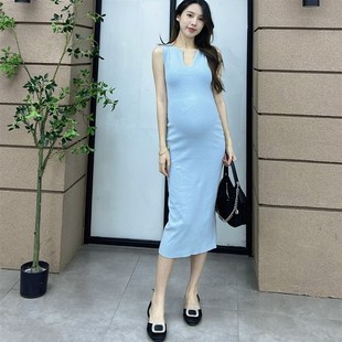 孕妇夏法式 遮副乳开叉直筒内搭连衣裙 复古纯色U领背心裙优雅修身