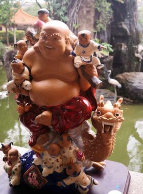 石湾公仔陶瓷多子笑佛手工摆件店铺家居百子千孙福满堂摆件
