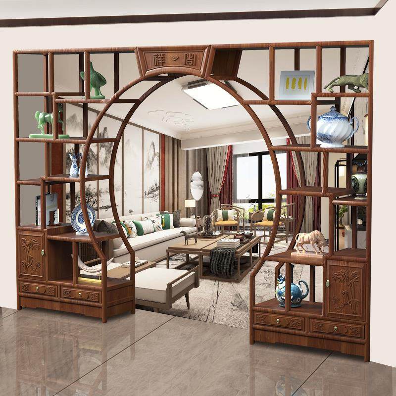 新中式月洞门博古架实木仿古雕花拱门客厅玄关茶叶多宝阁隔断定制