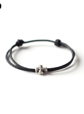 MD原创 简约复古亚光925银十字架E黑色手绳手工可调学生情侣手链