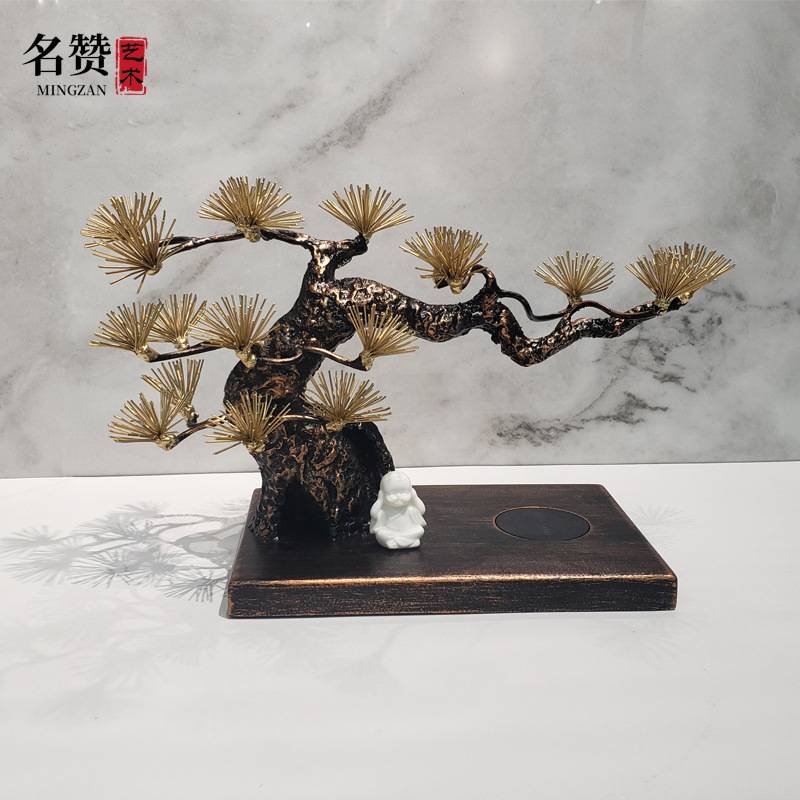 中式桌面迎客松摆件办公桌工艺装饰品能量松铁艺创意开业送礼招财