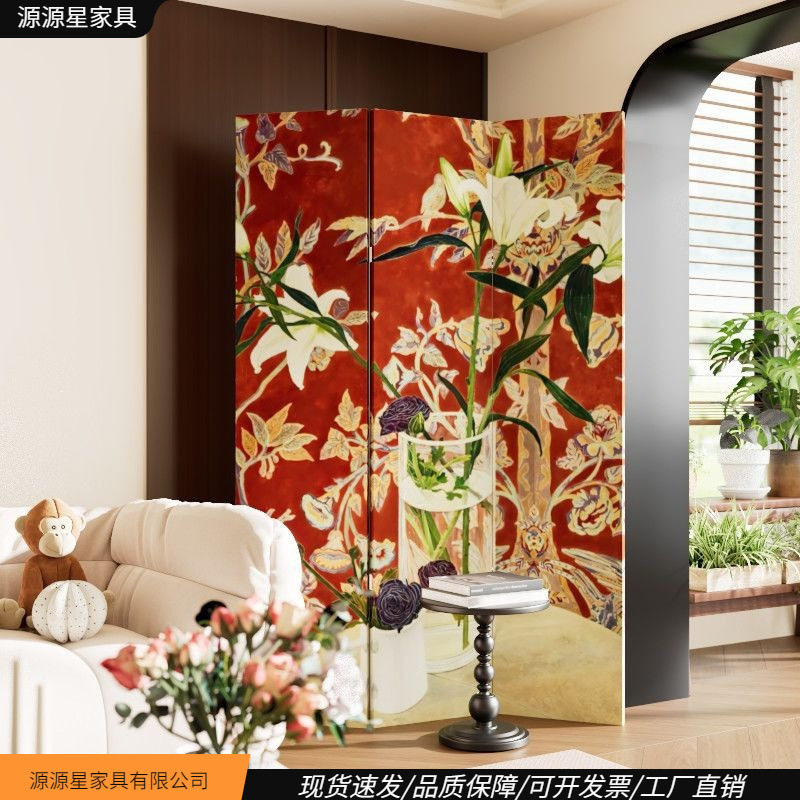新中式花鸟屏风客厅折叠移动入户隔断玄关遮挡卧室家用双面折屏布