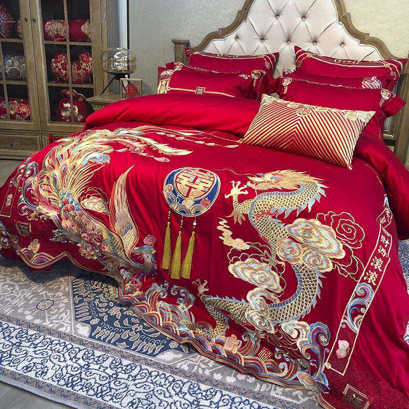 九房喜狐婚家纺结婚床上H1104用品备婚色四件套婚布置庆喜被红龙