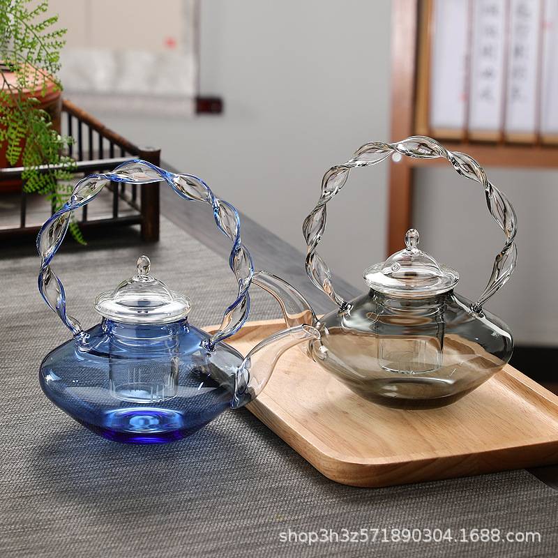 收藏手作花篮壶提梁壶泡茶壶纽纹壶透黑壶玻璃壶彩色壶克莱因蓝壶