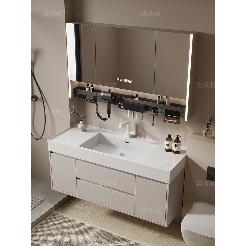北欧风格简约微晶石一体化面盆浴室柜组合智能镜柜浴室脸盆柜