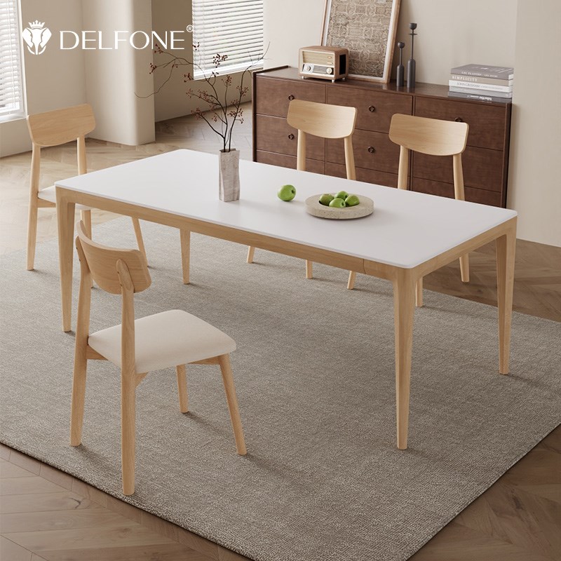 德利丰实木岩板餐桌家用小户型原A木色北欧日式现代简约长方形饭