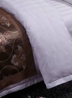 酒店宾馆全棉3cm缎条纹四件套白色40s纯棉加密民宿旅店布草三件套