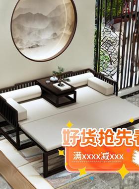 新中式罗床TIL伸缩实木五件套床客厅组两合推拉汉沙发床一体榻用