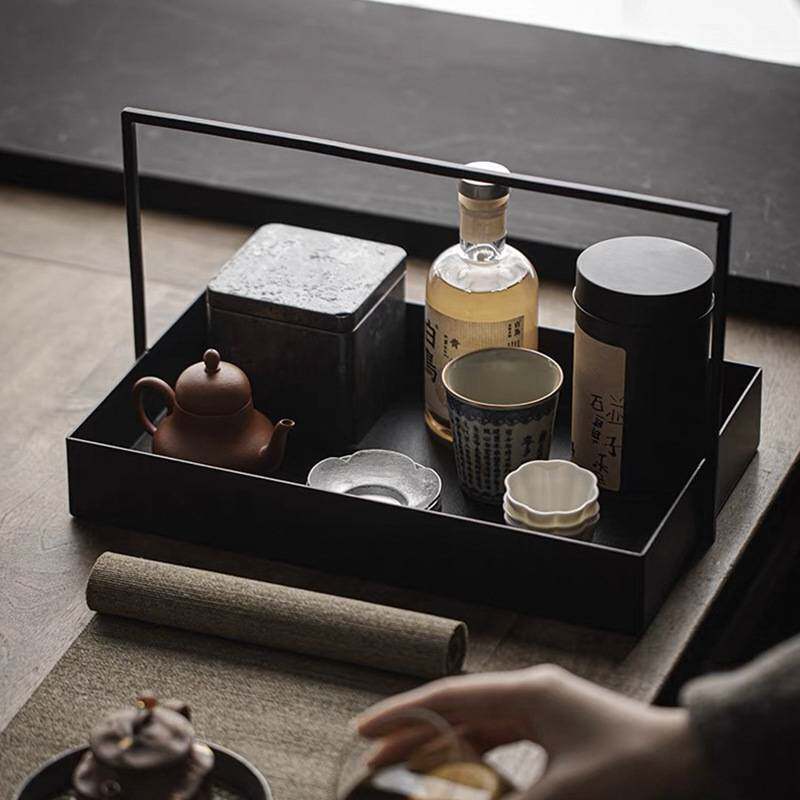 宜室茶话新中式铁艺提篮黑色铁茶具 收纳盒茶棚茶托盘样板间摆件
