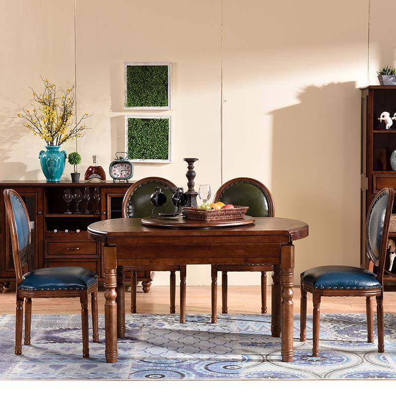 5美式家方圆两用餐桌椅组合木一桌用六椅折V美式伸缩叠桌实8人10