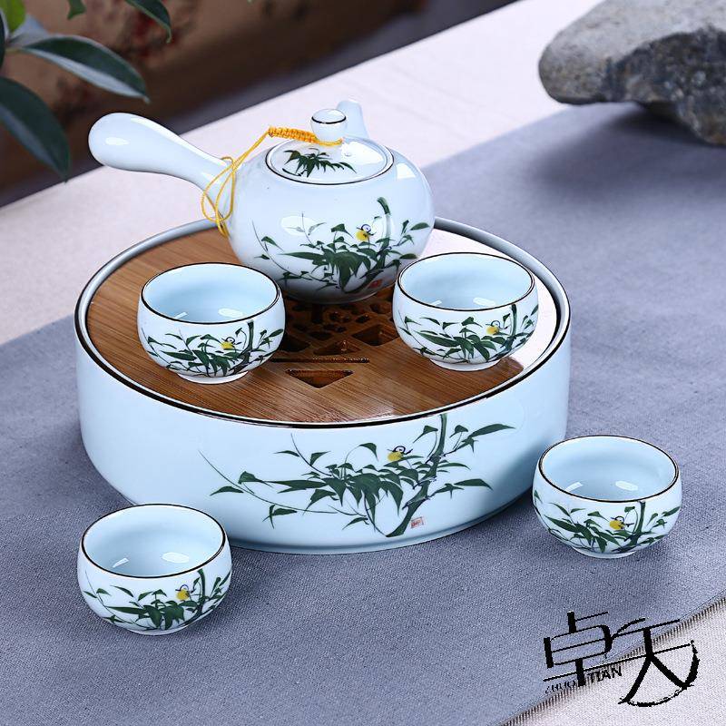 青瓷手茶盘旅行茶具手绘茶LX-020具竹套制绘圆形储水式干泡茶具组