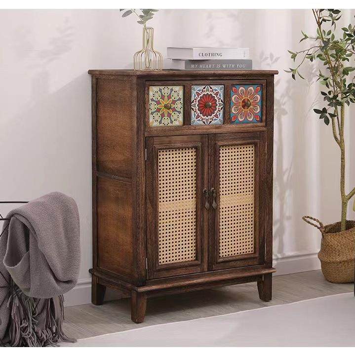 中FG式复古T实木餐边柜靠墙藤编储物柜茶客厅备餐门柜带斗柜玄关