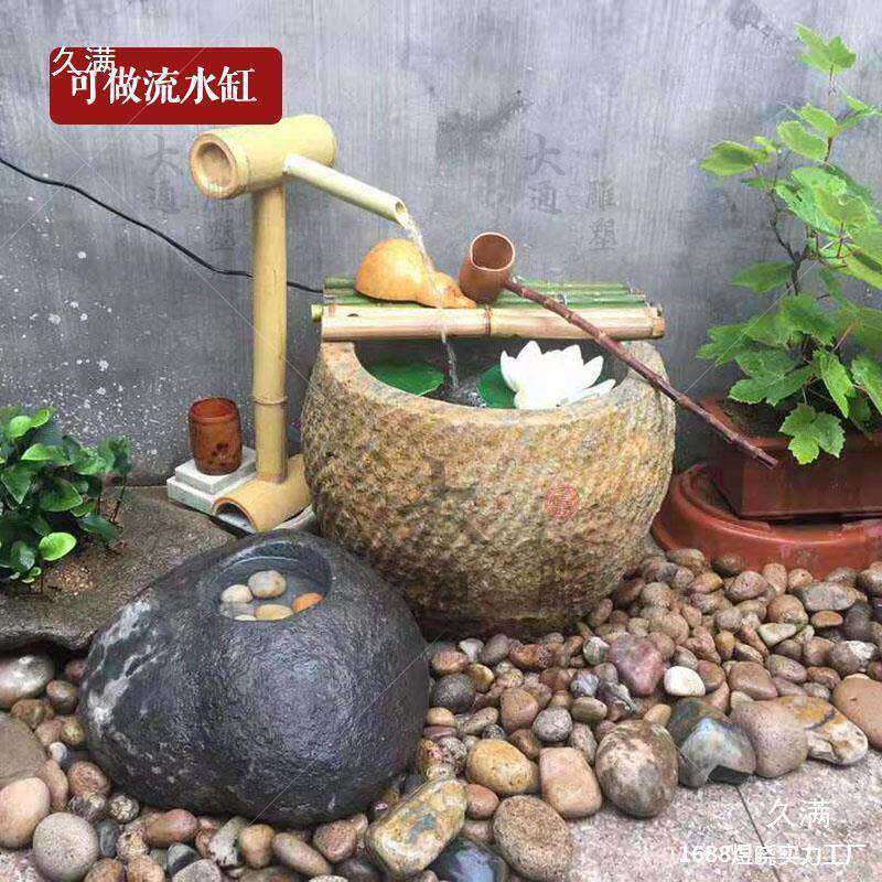 圆缸形AL102001花园石雕盆流水装缸饰石槽盆庭院石鱼水盆花石水缸
