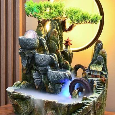高循山环水摆件客厅流鱼缸假山水车喷泉盆景装PBH饰生财风造水轮