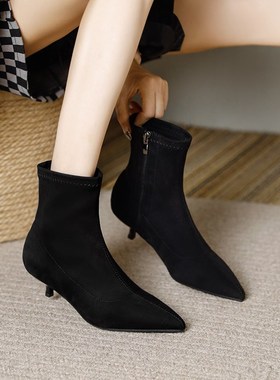 黑色绒面细跟尖头小跟3cm短靴女秋冬高跟工作加绒弹力单靴瘦瘦靴