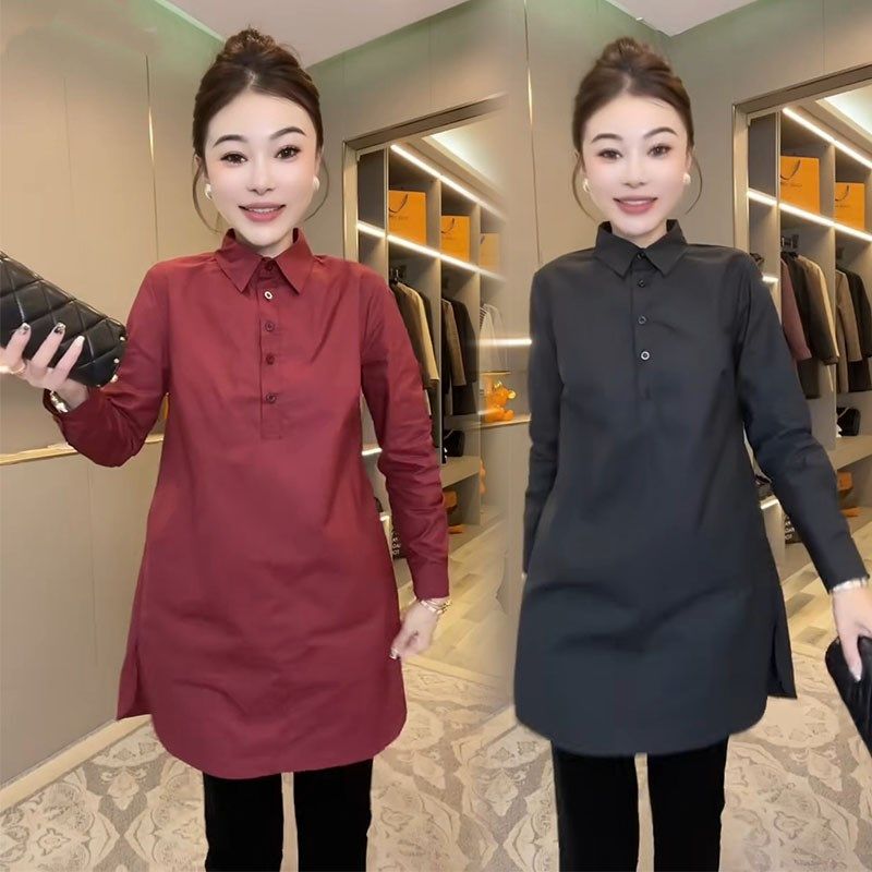 欧货2024秋季新款衬衫女气质通勤半开领侧开叉显瘦遮肉中长打底衫,女装/女士精品,衬衫,淘宝优惠券,粉丝福利购,淘宝优惠卷