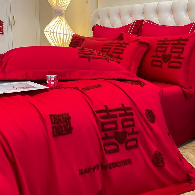 中式婚庆陪嫁亲肤棉四件套红色刺绣结婚床单被套喜庆床上用品
