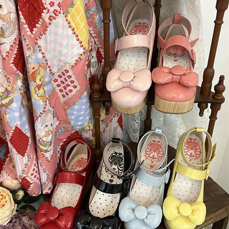 现货丨昭和万花筒丨lolita鞋坡跟I松糕可爱尖圆头泡泡蝴蝶结