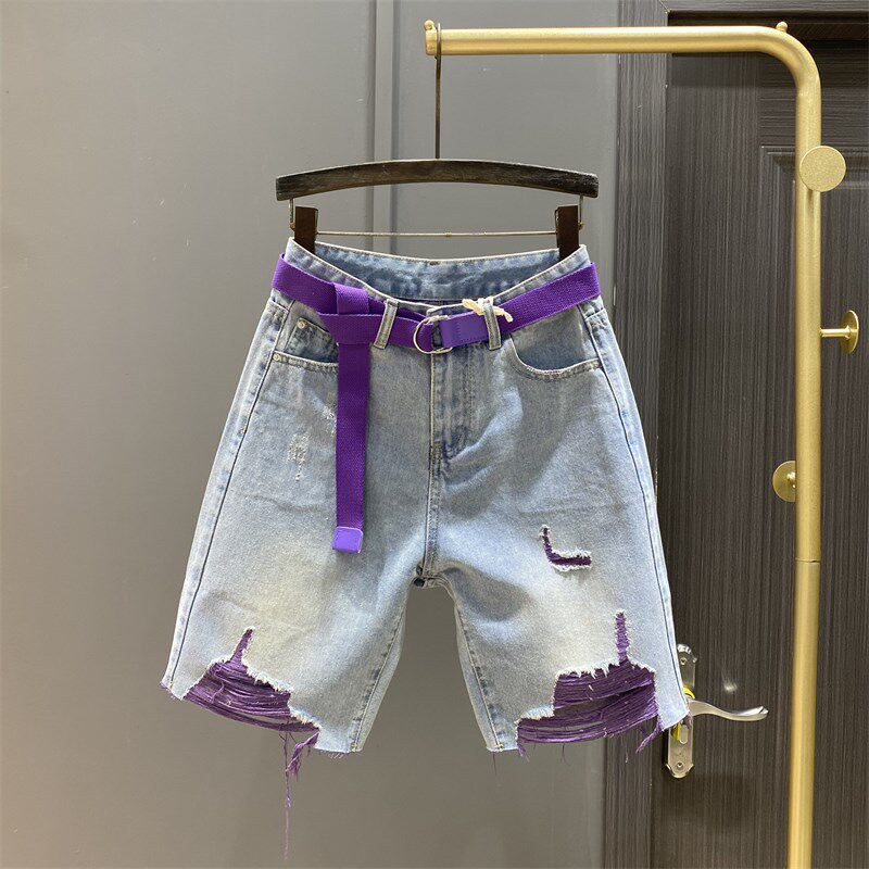 欧货2025夏季新款时尚彩色乞丐破烂牛仔五分裤女宽松显瘦阔腿中裤