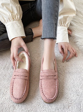 豆豆鞋女加绒2g020秋冬新款平底保暖软底孕妇棉鞋外穿一脚蹬懒人