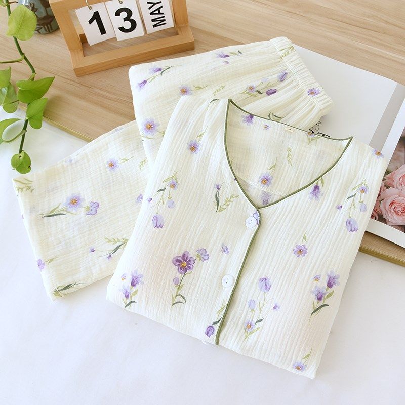 带胸垫免文胸婴儿纯棉双层纱布睡衣女春秋夏季薄款长袖长裤家居服,女士内衣/男士内衣/家居服,睡衣/家居服套装,淘宝优惠券,粉丝福利购,淘宝优惠卷