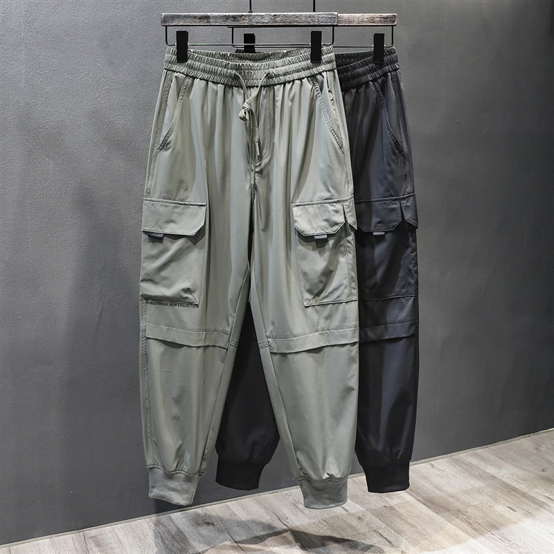光面冰丝男裤束脚裤子夏季宽松薄款哈伦运动裤男款潮流工装休闲裤