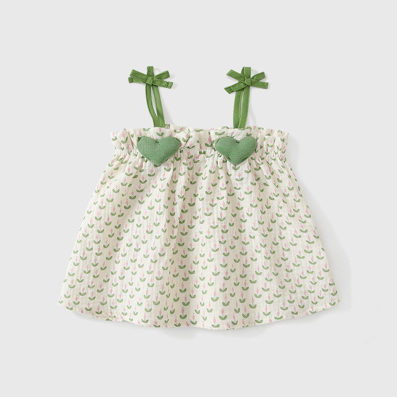 女童套装2025夏季两件套甜美吊带爱心无袖上衣+绿色爱心灯笼短裤