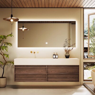 中古风岩板热弯一体盆浴室柜组合卫生间洗漱台洗手洗脸池台盆定制