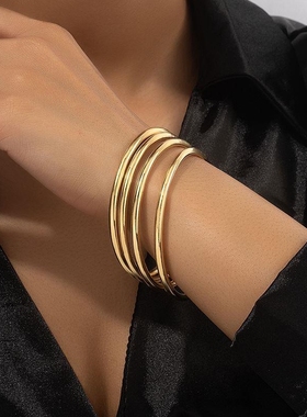 韩版时尚简约气质l多层几何圆圈金色手镯女网红个性设计感手环男