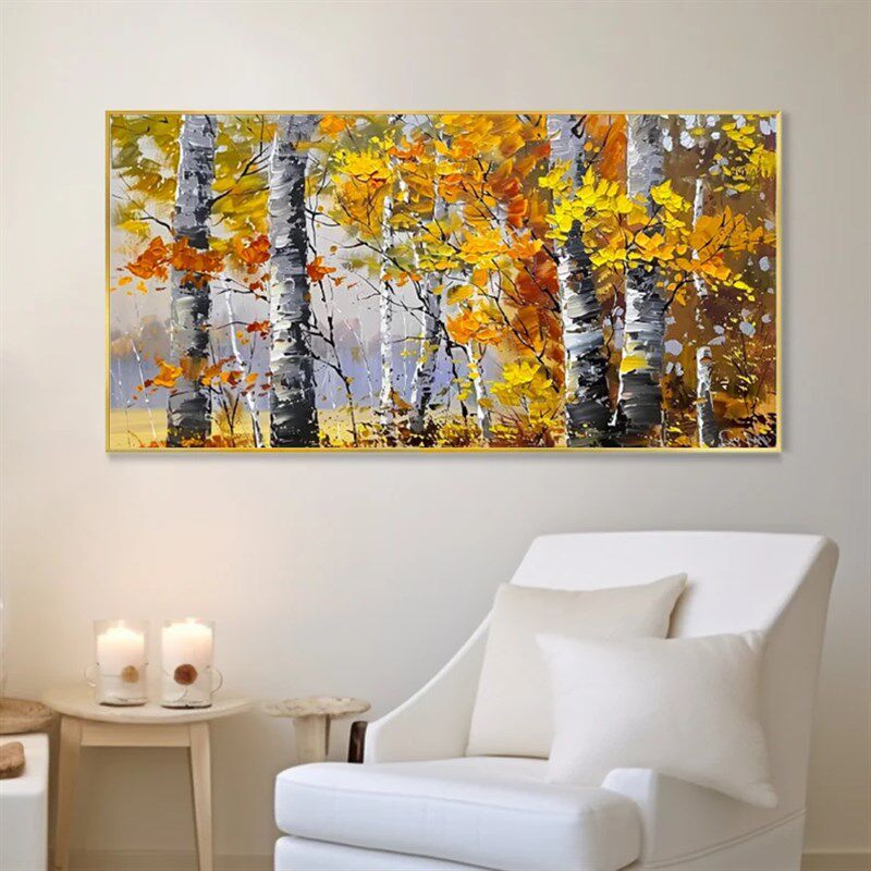 大芬村手绘油画抽象白桦林风景客厅装饰画横版办公室书房轻奢挂画