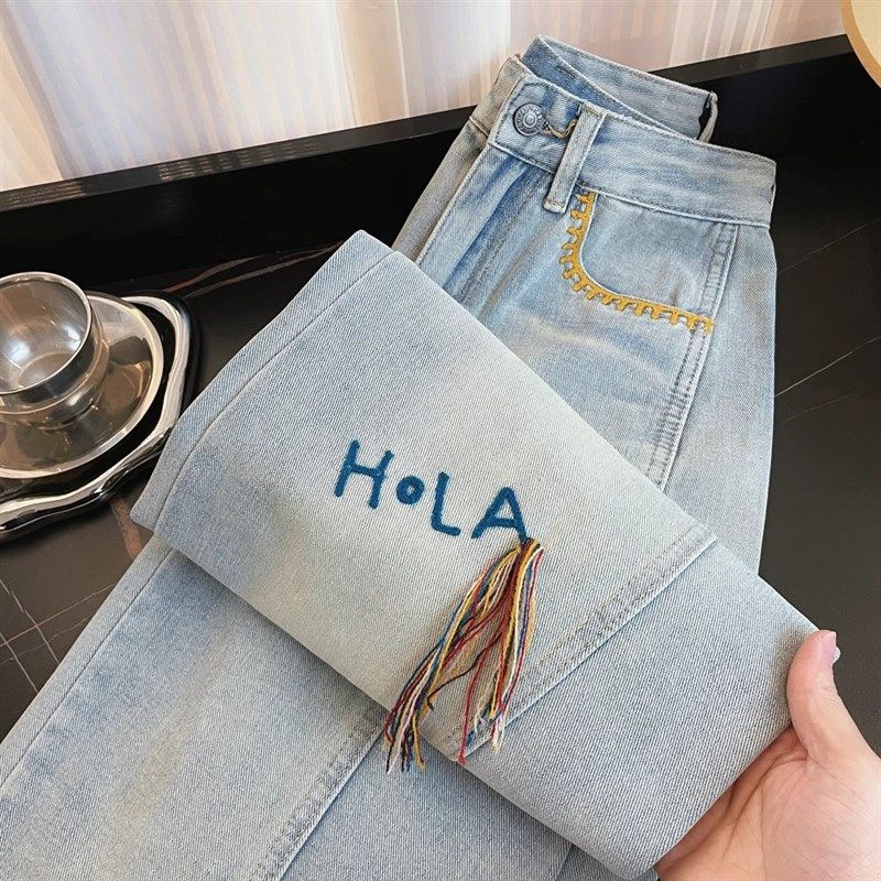 美式刺绣字母浅色牛仔裤男春季新款设计感小众宽松直筒阔腿休闲裤