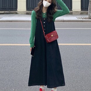 大码女装胖妹妹复古牛仔背带裙中长连衣裙百搭打底针织衫显瘦套装
