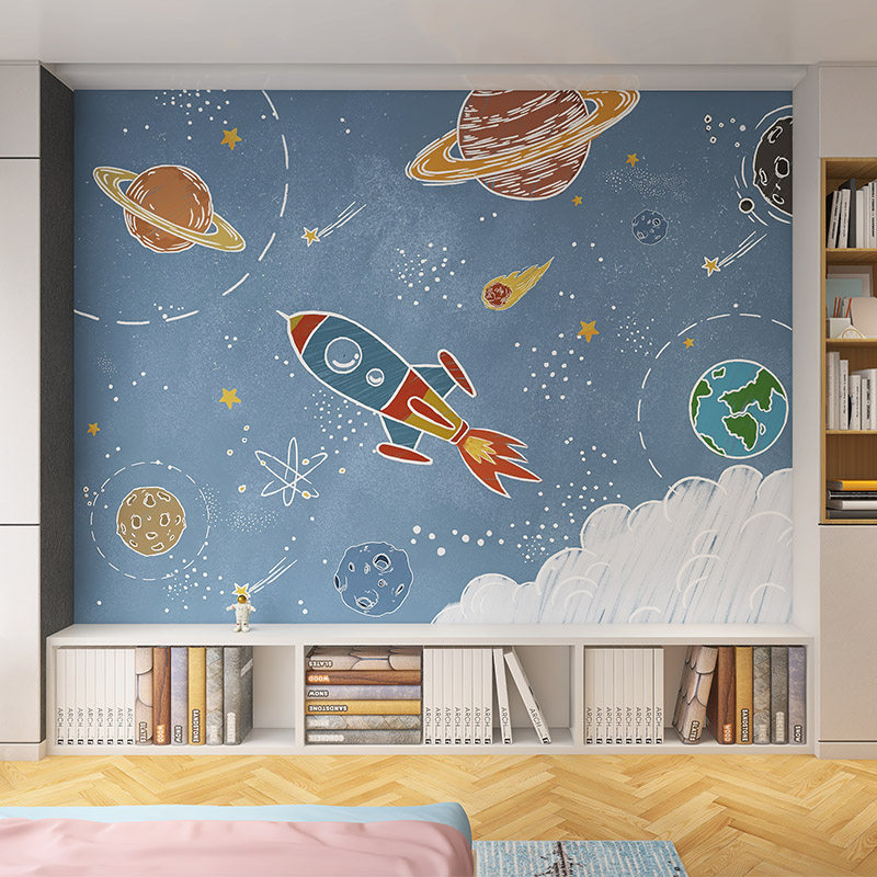 3d立体卡通墙纸太空宇宙星空星球儿童房壁纸男孩房间卧室装饰墙布