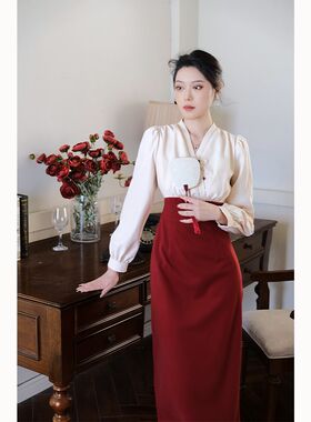 鹿与玫瑰新中式长袖连衣裙女复古改良国风汉服气质高级收腰红裙子