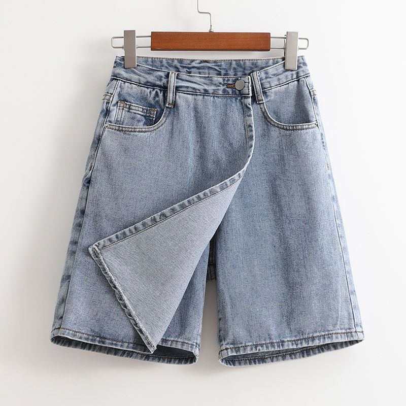 大码女装夏季新款直筒五分裤子胖mm宽松阔腿a字牛仔短裤假两件裙