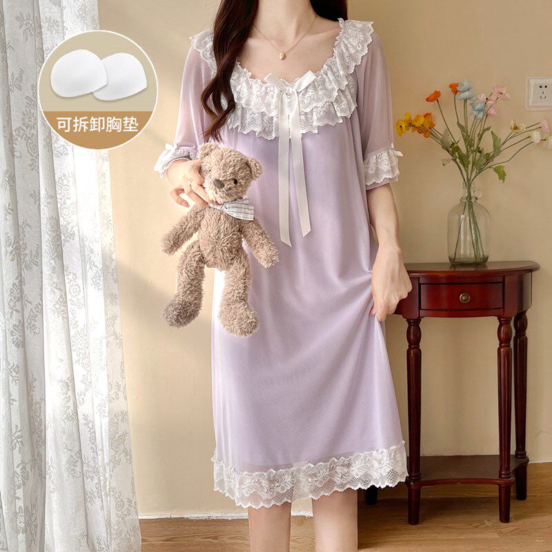 宫廷睡裙女夏季网纱蕾丝纯棉2023年新款甜美公主风带胸垫短袖睡衣