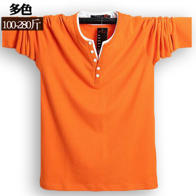 潮胖哥春秋加肥加大长袖T恤男v领上衣纯棉大学生体恤衫胖子特大码