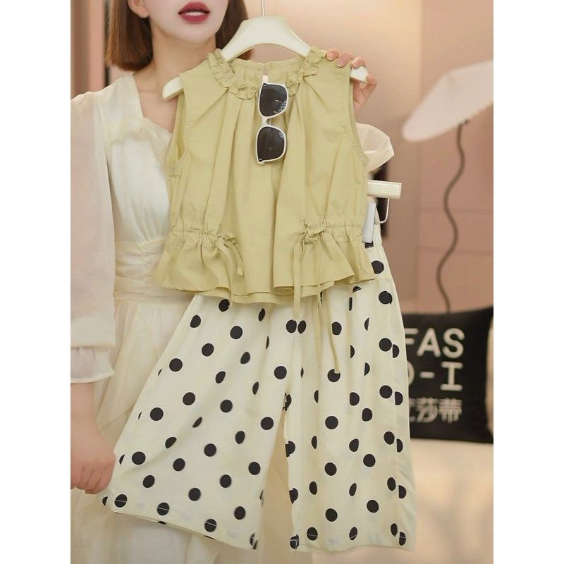 女童夏装套装2024新款儿童夏季韩系无袖上衣波点七分阔腿裤两件套