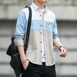 长袖 日系寸衫 纯棉休闲男士 秋季 衬衫 拼接青年男式 纯色工装 男潮 新款