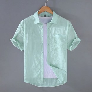 夏季超薄冰丝衬衫男短袖宽松大码夏天上衣日系小清新轻薄衬衣半袖