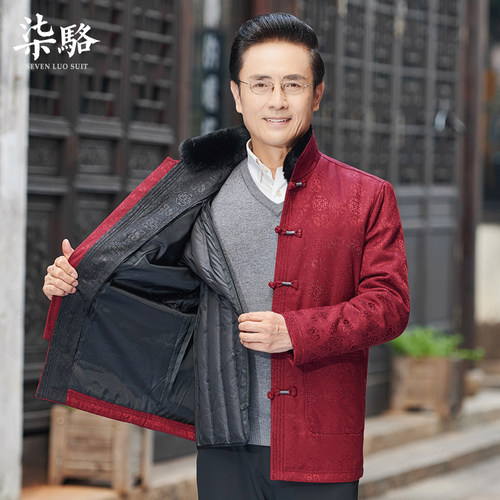 唐装中老年男装爸爸装可拆卸羽绒服中国风复古老人衣服爷爷冬套装