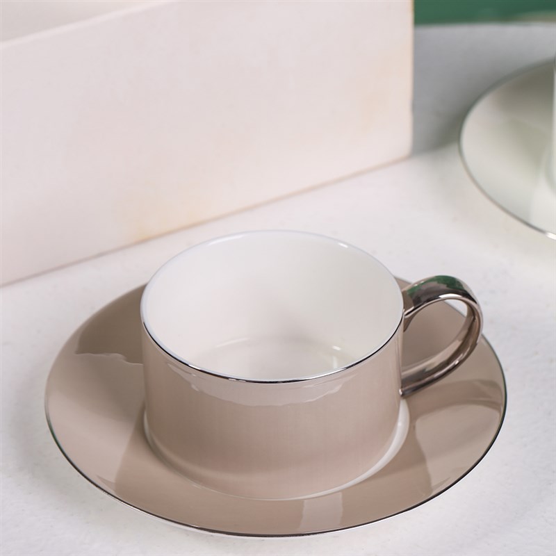 专业咖啡拉花杯圆柱形大口径奶茶杯银边纯棕色骨瓷卡其色陶瓷杯碟