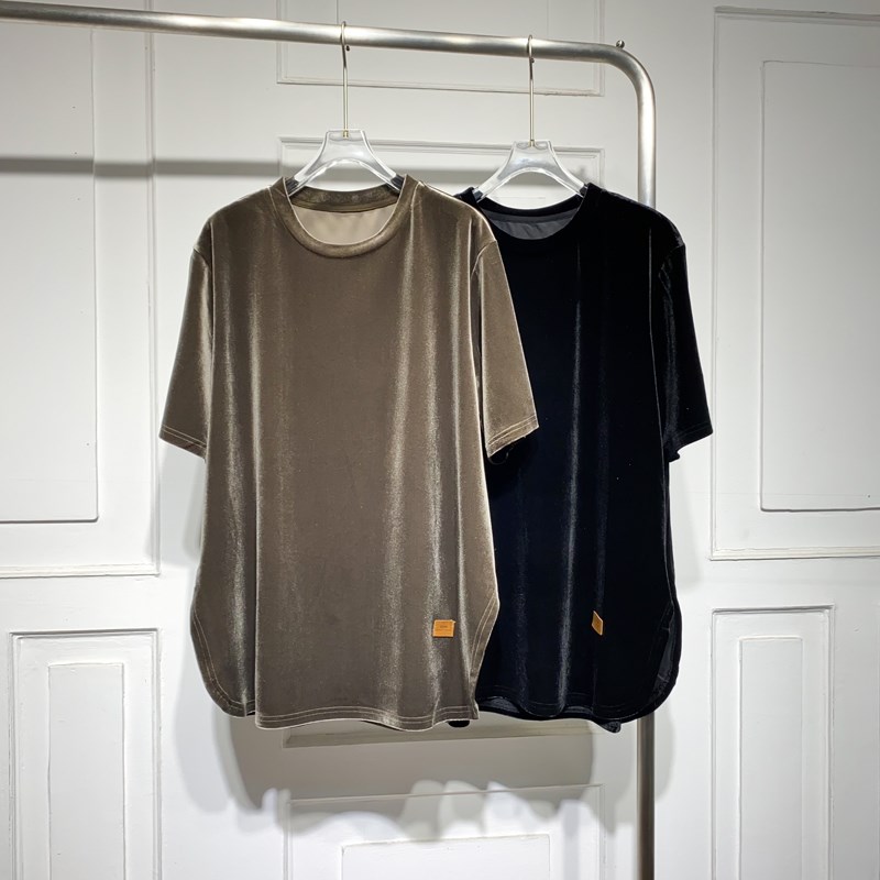 简约风短袖丝绒T恤女2023春夏新款宽松显瘦休闲百搭洋气中长上衣