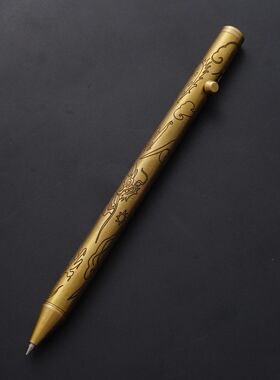现货多功能雕花黄铜签字笔按压破窗弹簧按钮式枪栓随身金箍棒笔