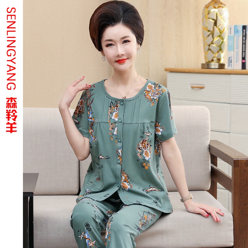 夏季女士短袖长裤纯棉睡衣老年人妈妈加大码开衫奶奶家居服套装薄