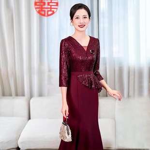 旗袍妈妈高贵年轻参加婚礼鱼尾晚礼服秋冬季 高端喜婆婆婚宴装 中式