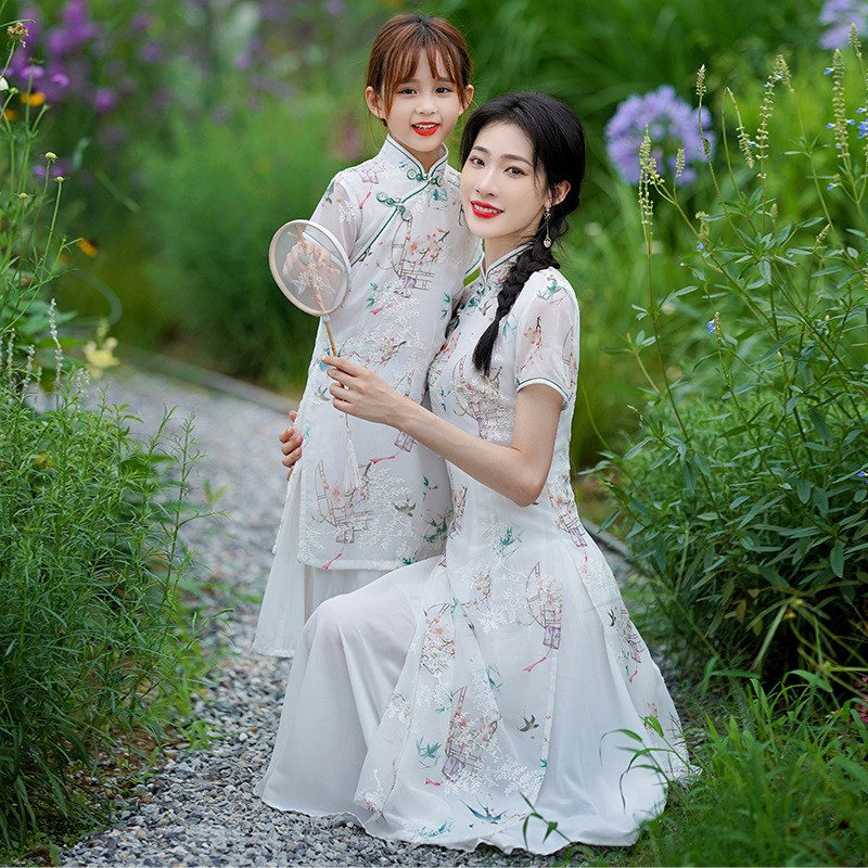 亲子旗袍母女装宽松2022夏新款中国风中长款雪纺儿童连衣裙小清新
