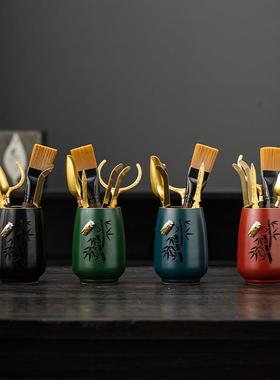 茶道6君子笔摆件配件针茶夹筒养壶笔茶装功夫套茶具泡茶陶瓷FEL工
