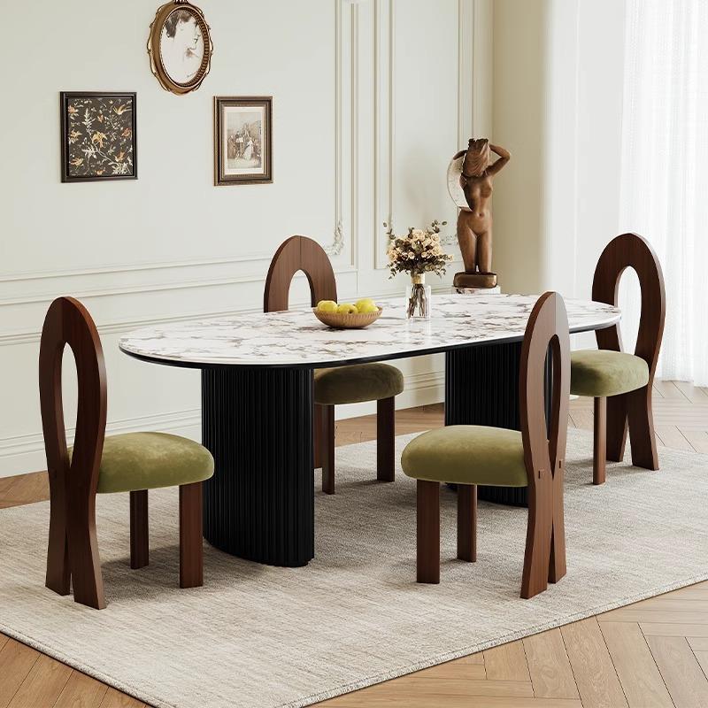 中组古风岩板家桌椅合轻法式吃饭桌子F045黑色用设计师餐款椭圆形